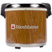 A wood and metal Town commercial rice warmer with black handles.