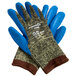 A pair of large camo Cordova work gloves with blue latex palms.