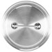 A stainless steel Vollrath Intrigue lid with a metal loop handle.
