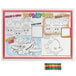 A white Hoffmaster Doodletown placemat with a drawing of a plane and a fish.