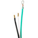 A black and white cable with two green wires and a metal ring on the end.