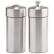 A pair of silver stainless steel salt and pepper shakers with black lids.