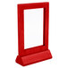 A red rectangular wooden frame with a white screen.