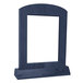 A Menu Solutions denim arched wood table tent with a blue wooden frame and white background.