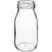 An Acopa clear glass milk bottle with a lid.