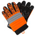 A pair of Cordova Colossus Hi-Vis orange and black warehouse gloves with reflective stripes.