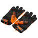 A pair of orange and black gloves with TPR protectors and orange text on the straps.