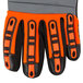 A Cordova Hi-Vis orange and black warehouse glove with black and gray accents.