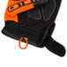 A pair of orange and black Cordova warehouse gloves with black synthetic leather palm and TPR protectors.