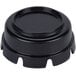 A black round plastic ashtray with 12 circular slots on a white background.