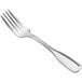 An Acopa Scottdale silver stainless steel salad fork with a white background.
