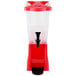 A red and white plastic beverage dispenser with a slim design.