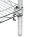 A chrome Metro stationary wire shelving unit with four metal shelves and two metal rods.