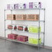 A Metro chrome wire shelving unit with white boxes on it.