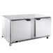 A silver stainless steel Beverage-Air undercounter refrigerator with two doors.