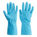 A pair of blue Cordova latex rubber gloves with a flock lining.