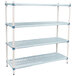 A white MetroMax shelving unit with blue handles and three shelves.