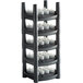 A black and grey rack with several amber Sterno flameless tea lights on a white shelf.