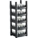 A black and grey rack with several amber Sterno flameless tea lights on a white background.