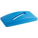 A blue plastic Lavex slim rectangular recycling trash can lid with a paper slot.