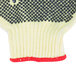 A close up of a Cordova knitted work glove with PVC dots on both sides of the glove.