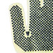 A pair of yellow Cordova heavy duty work gloves with black PVC dots on them.