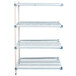 A white MetroMax Q metal shelf with blue handles and three shelves.