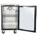 An Avantco black back bar refrigerator with a glass door and a silver frame.