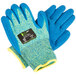 A pair of large blue and yellow Cordova iON heavy duty work gloves with blue crinkle latex palms.