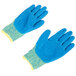 A pair of large blue Cordova cut resistant gloves with blue crinkle latex palms.