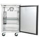 An Avantco stainless steel back bar refrigerator with a solid door open.