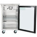 An Avantco stainless steel back bar refrigerator with a glass door open.