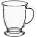 An Acopa clear glass mug with a handle.