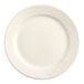 An Acopa ivory stoneware plate with a wide rim and rolled edge.
