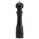 A black pepper mill with a silver top.