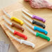 Choice 6" Curved Stiff Boning Knife with White Handles next to knives with different colored handles on a cutting board