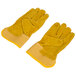 A pair of yellow canvas work gloves with leather palms and rubber cuffs.
