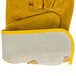 A close-up of a yellow and white Cordova warehouse glove with yellow leather palm coating.