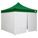 A green tent with a white top and side walls.