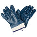A pair of blue Cordova work gloves with white and blue stripes on the cuffs.