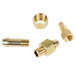 A brass nut and three brass threaded fittings for a T&S deck-mounted workboard faucet.