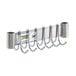 A stainless steel Regency pot rack overshelf with double prong hooks.