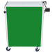 A green and silver Lakeside utility cart with wheels and a white base.