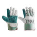 A pair of Cordova warehouse gloves with green and white stripes and leather palms on a white background.