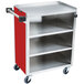 A red and silver Lakeside metal utility cart with shelves on wheels.