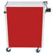A red and silver Lakeside utility cart with enclosed shelves.