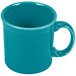 A turquoise Fiesta china coffee mug with a handle.