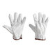 A pair of white Cordova split cowhide leather driver's gloves.