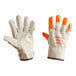 A pair of orange and white Cordova warehouse gloves with orange text on the fingertips that says "Watch Your Hands"