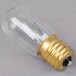 A Satco T7 incandescent indicator light bulb with a clear glass and black base.